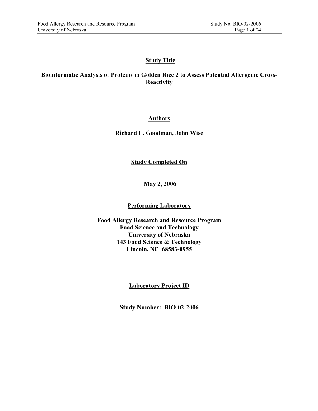 Study Title Bioinformatic Analysis of Proteins in Golden Rice 2 to Assess