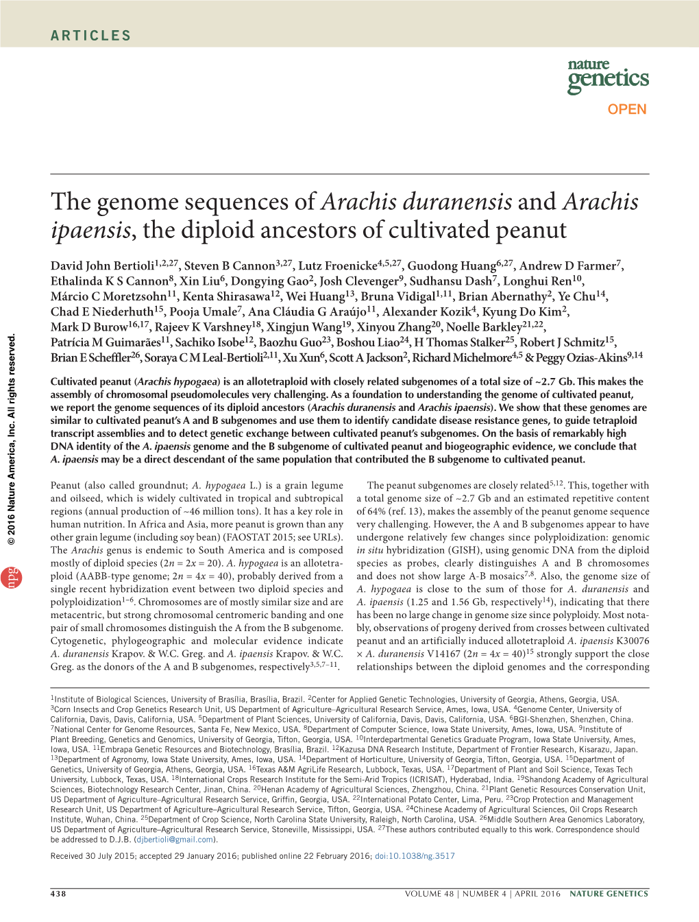 The Genome Sequences of Arachis Duranensis and Arachis Ipaensis, the Diploid Ancestors of Cultivated Peanut