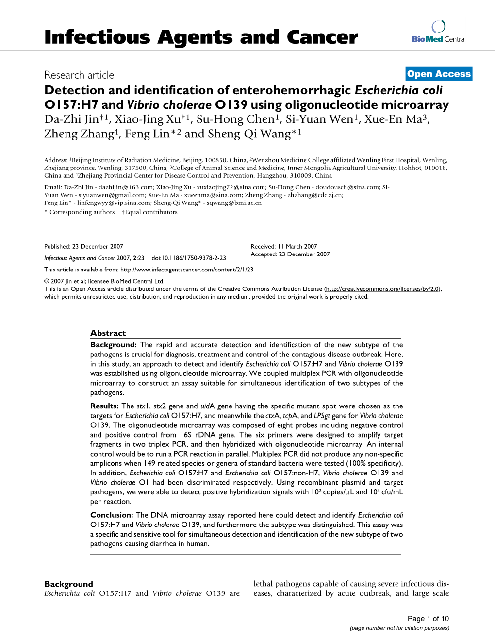 Infectious Agents and Cancer Biomed Central