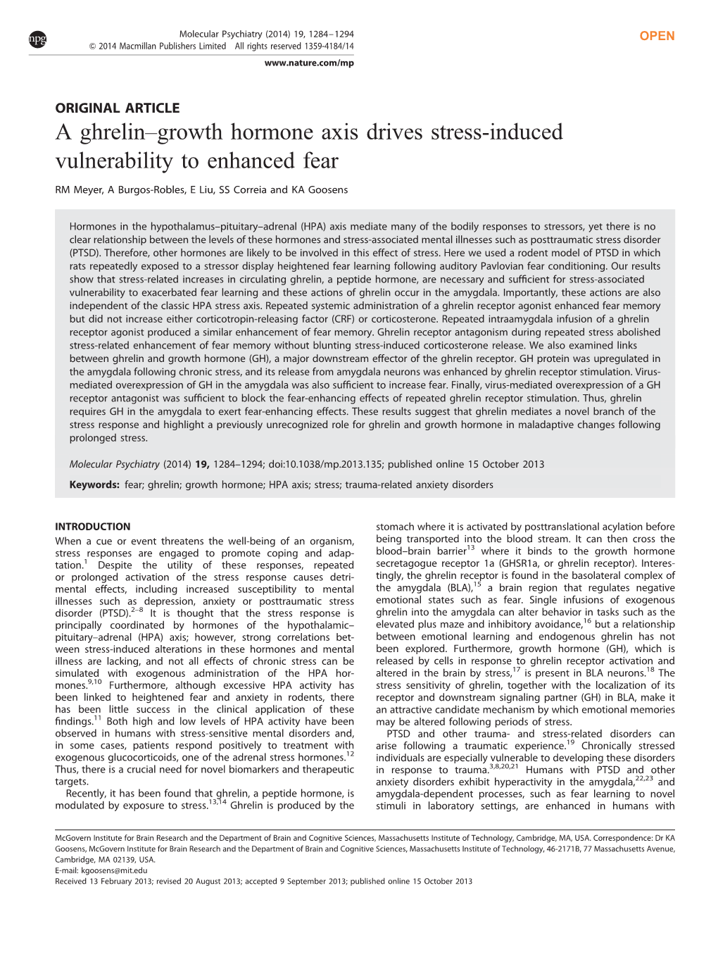 A Ghrelin–Growth Hormone Axis Drives Stress-Induced Vulnerability to Enhanced Fear