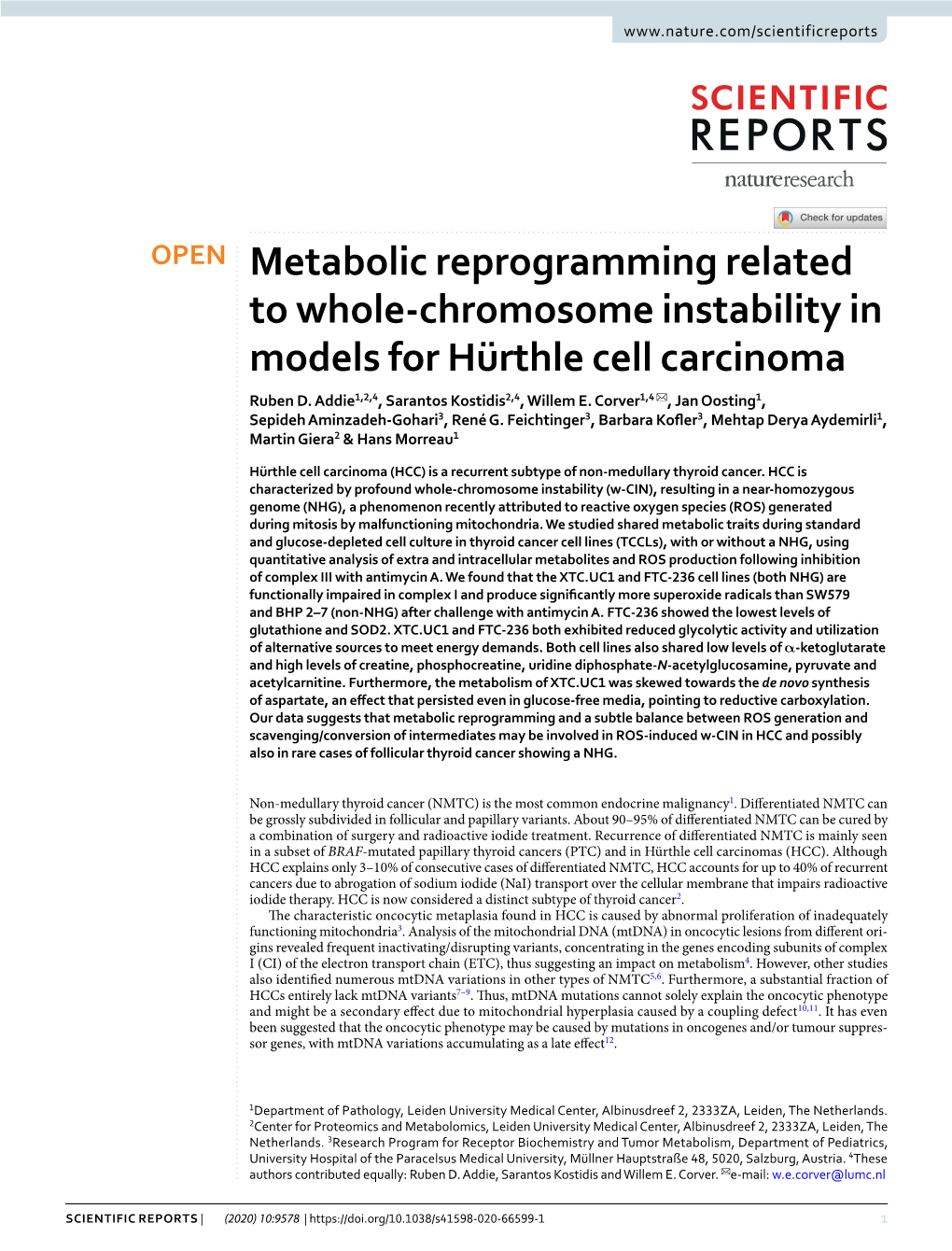 Metabolic Reprogramming Related to Whole-Chromosome Instability in Models for Hürthle Cell Carcinoma Ruben D
