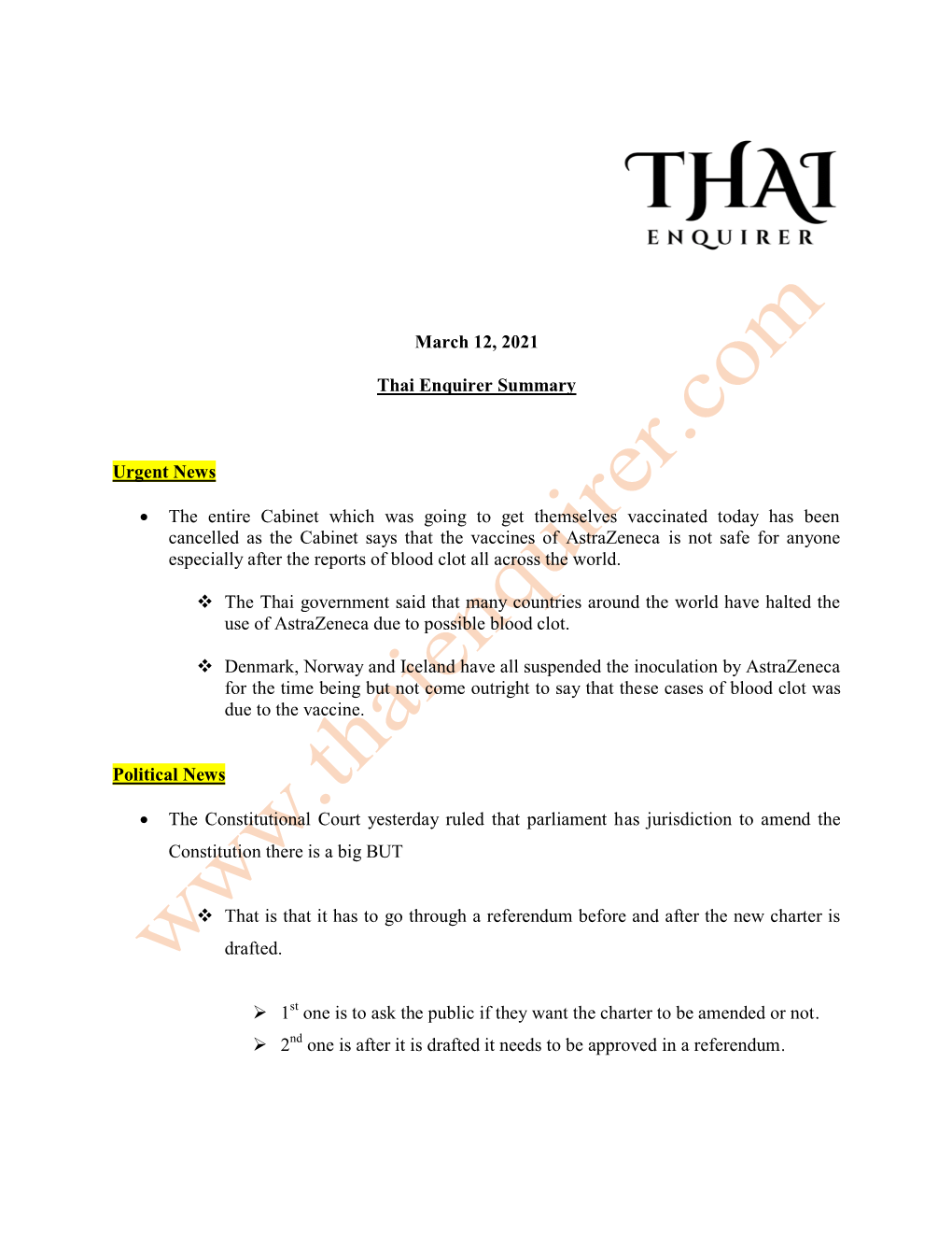 March 12, 2021 Thai Enquirer Summary Urgent News • the Entire