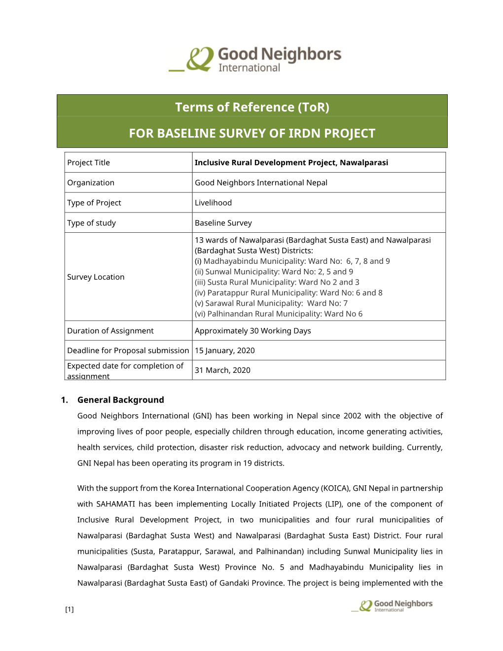 (Tor) for BASELINE SURVEY of IRDN PROJECT