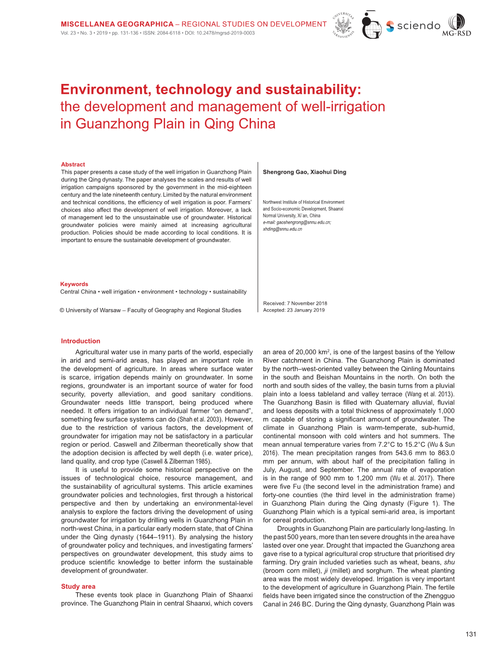 The Development and Management of Well-Irrigation in Guanzhong Plain in Qing China