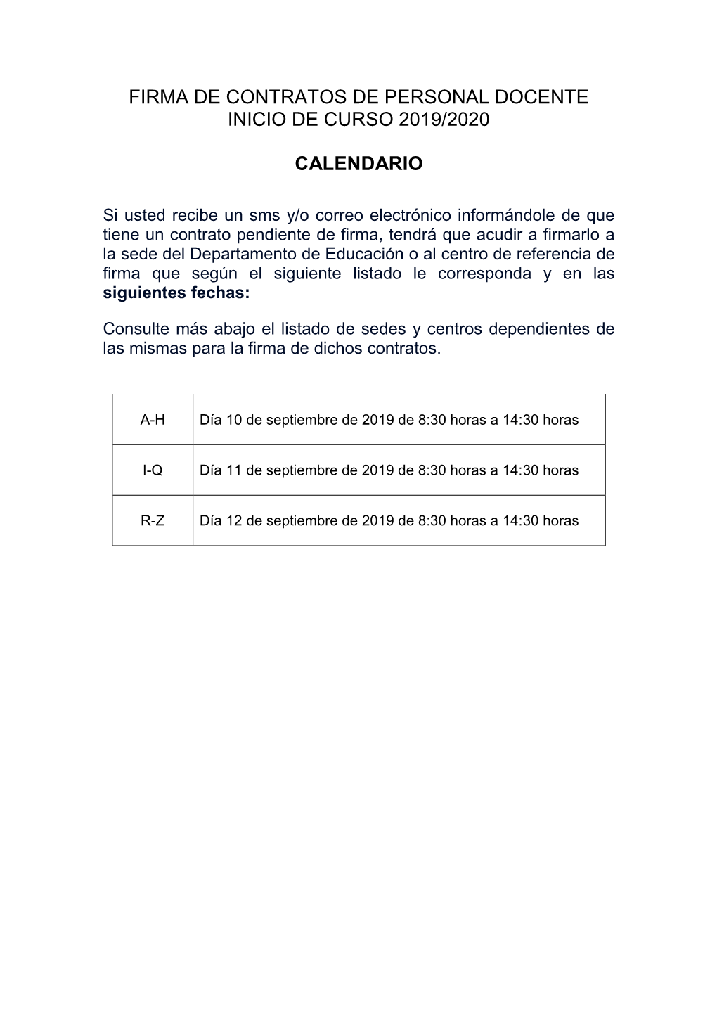 Firma De Contratos De Personal Docente Inicio De Curso 2019/2020