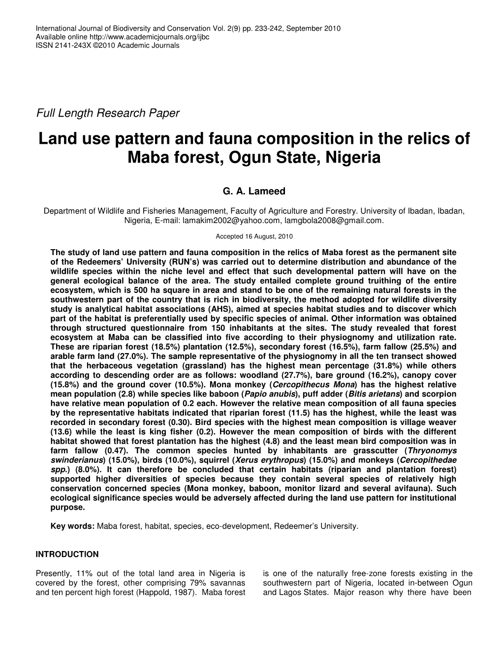 Land Use Pattern and Fauna Composition in the Relics of Maba Forest, Ogun State, Nigeria