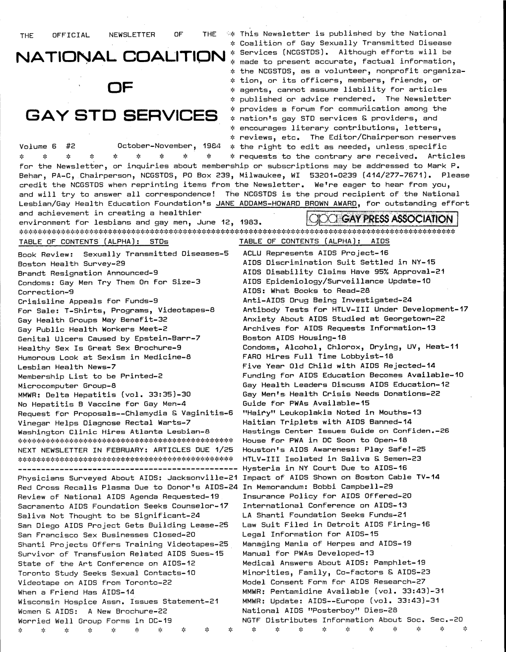GAY STD SERVICES * Nation's Gay STD Services & Providers, and * Encourages Literary Contributions, Letters, * Reviews, Etc