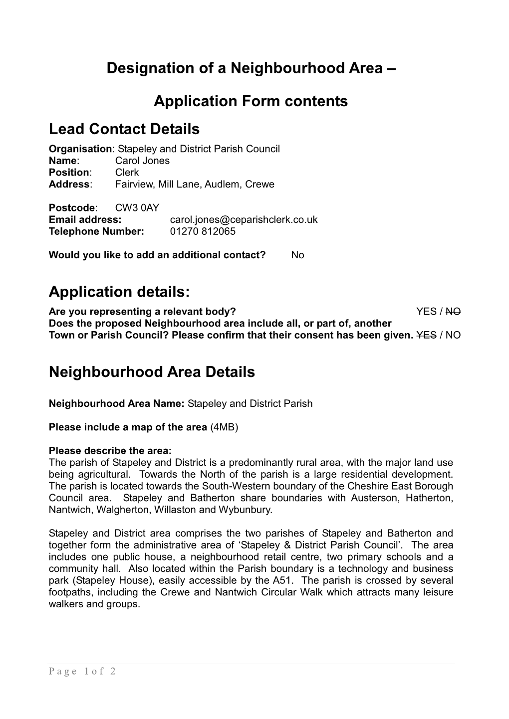 Designation of a Neighbourhood Area – Application Form Contents Lead