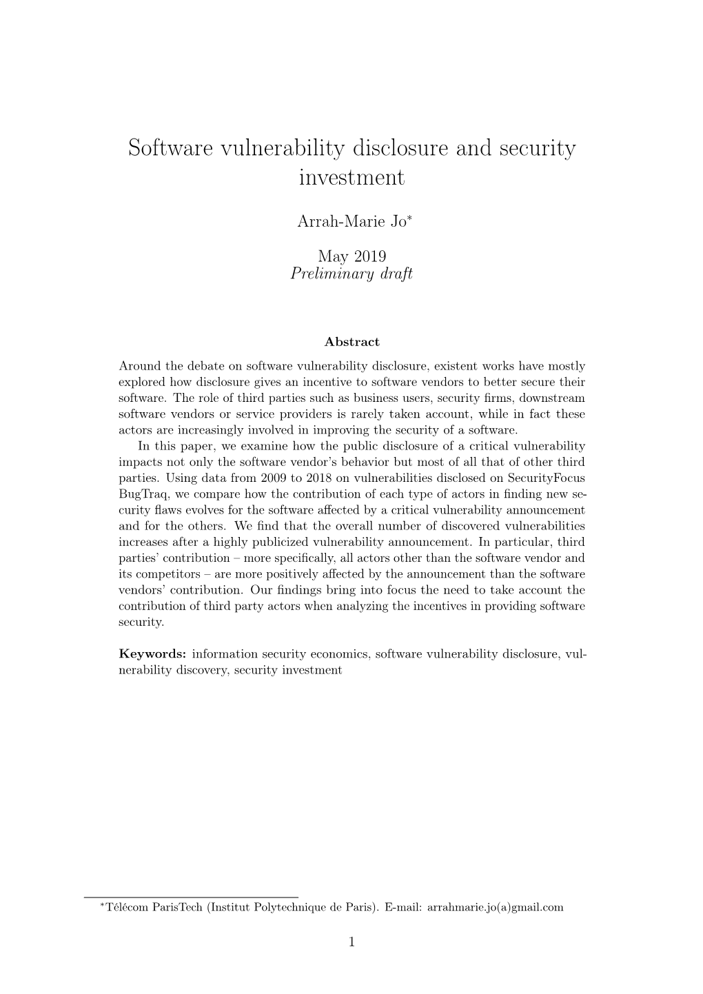 Software Vulnerability Disclosure and Security Investment