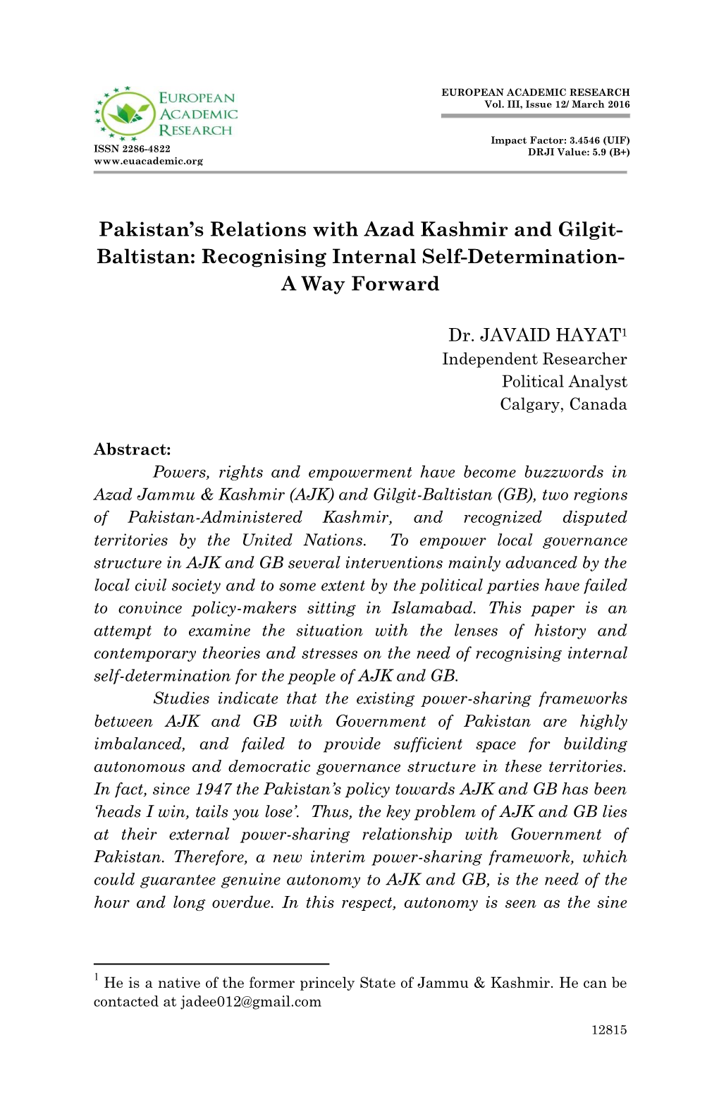 Pakistan's Relations with Azad Kashmir and Gilgit