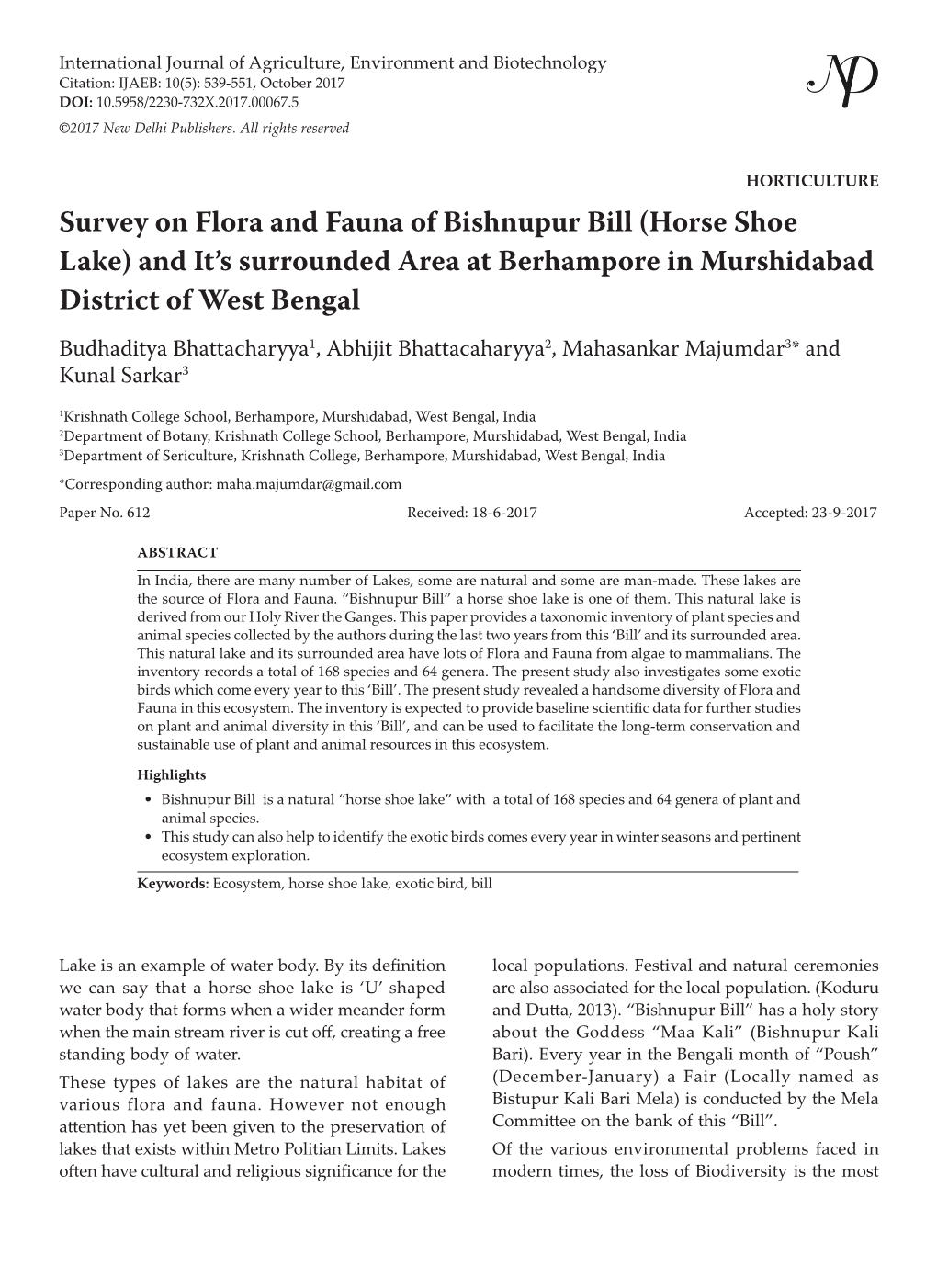 Survey on Flora and Fauna of Bishnupur Bill (Horse Shoe Lake