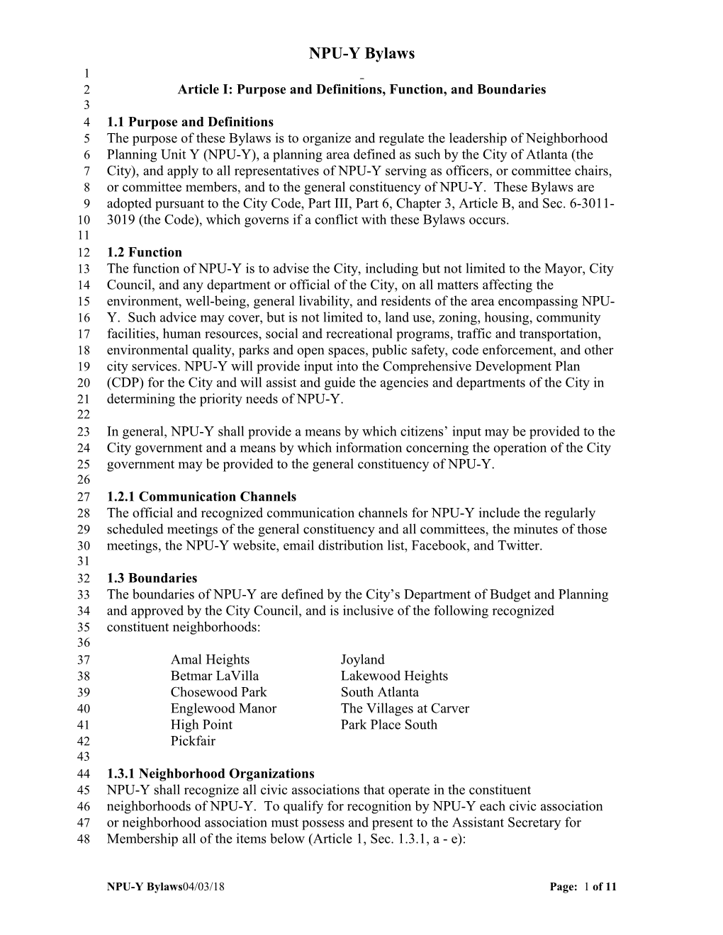 Article I: Purpose and Definitions, Function, and Boundaries