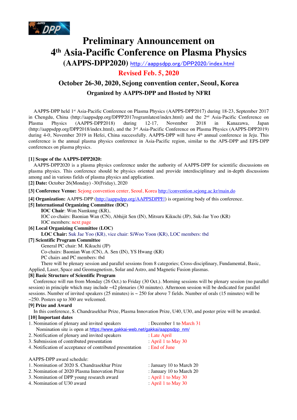 Preliminary Announcement on 4Th Asia-Pacific Conference on Plasma Physics (AAPPS-DPP2020) Revised Feb