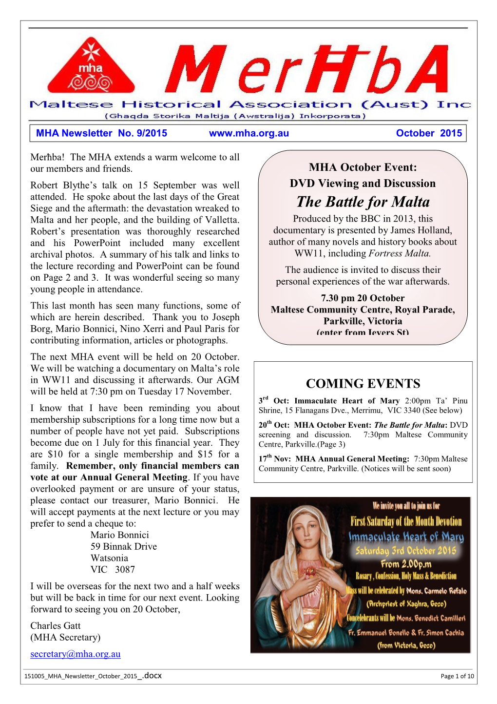 MHA Newsletter October 2015