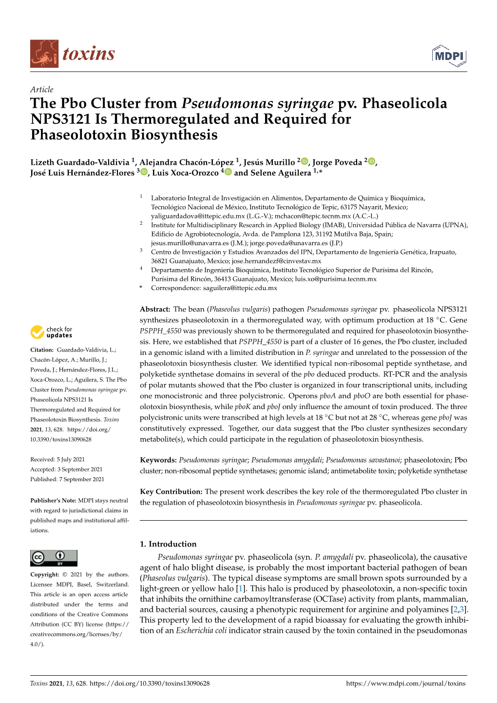 The Pbo Cluster from Pseudomonas Syringae Pv. Phaseolicola NPS3121 Is Thermoregulated and Required for Phaseolotoxin Biosynthesis