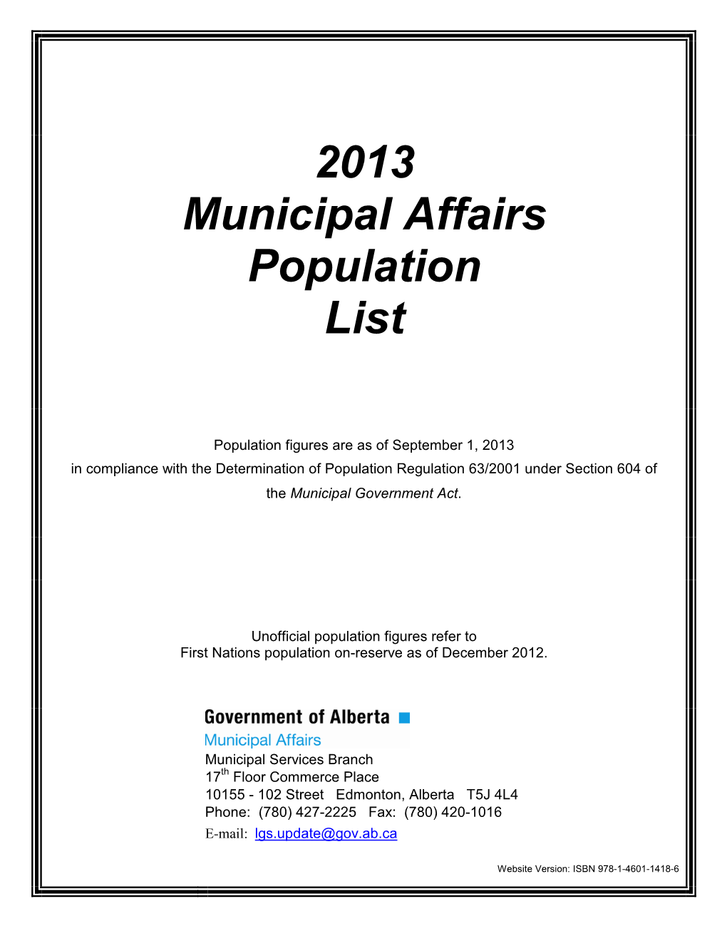 2013 Municipal Affairs Population List