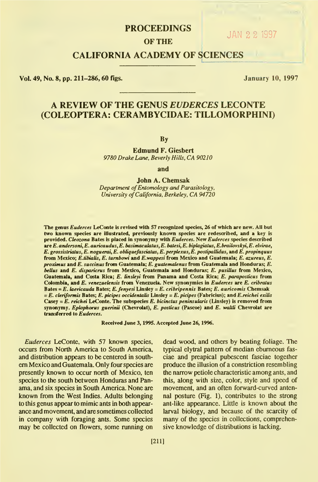 Review of the Genus Euderces Leconte (Coleoptera: Cerambycidae: Tillomorphini)