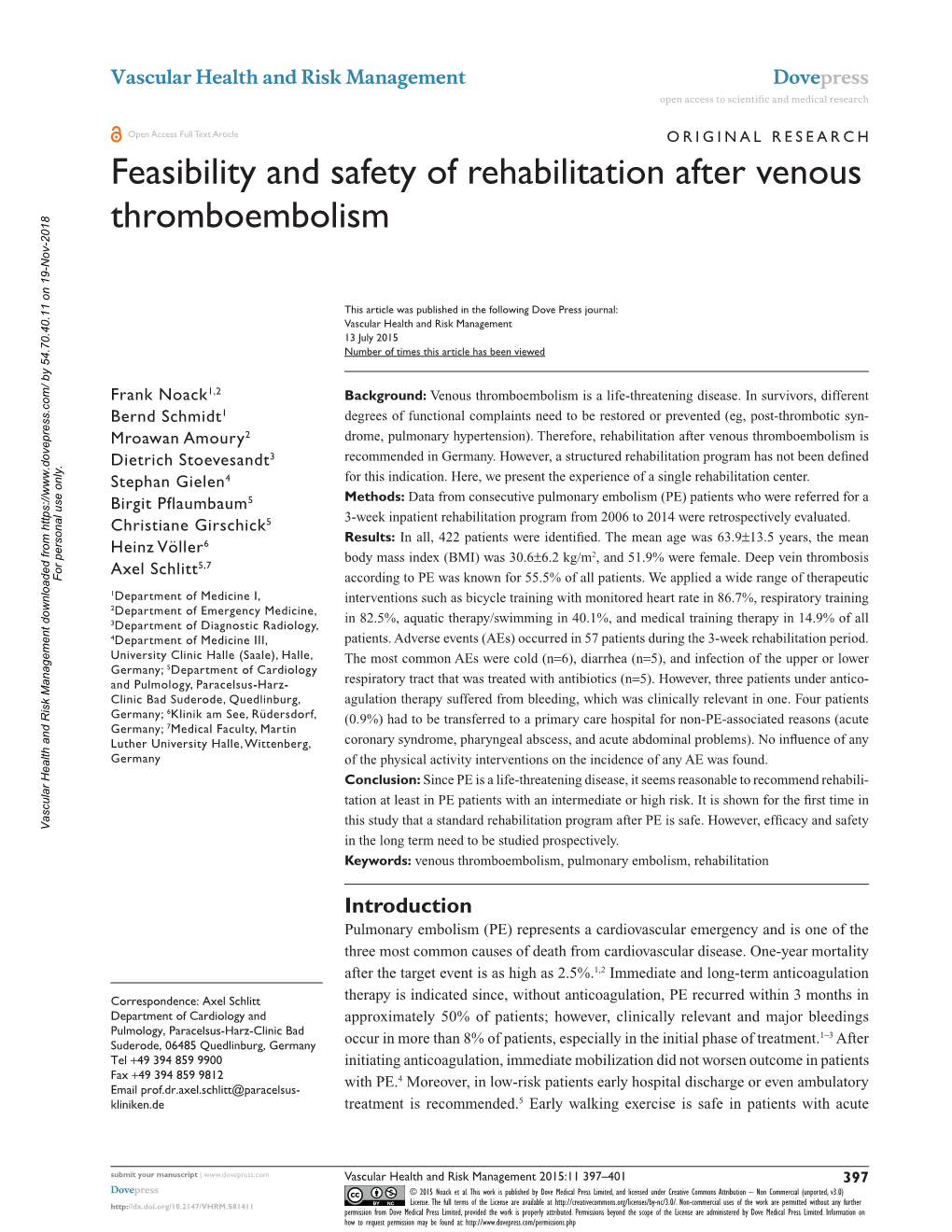 Feasibility and Safety of Rehabilitation After Venous Thromboembolism