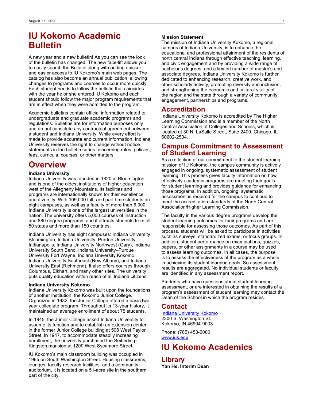 IU Kokomo Academic Bulletin