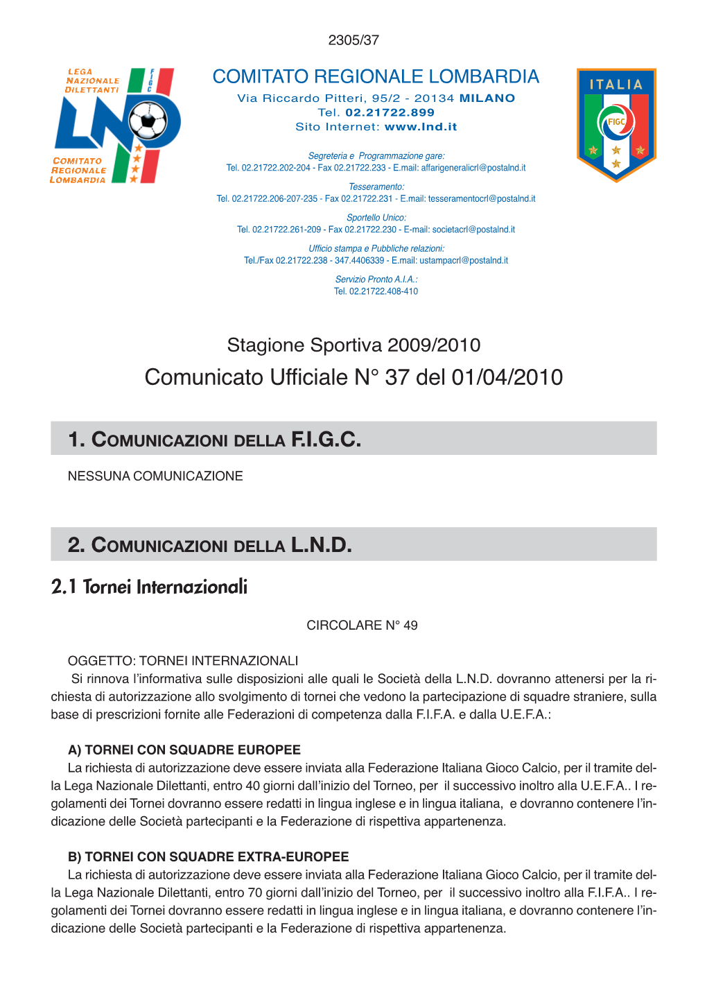 Comunicato Ufficiale N° 37 Del 01/04/2010