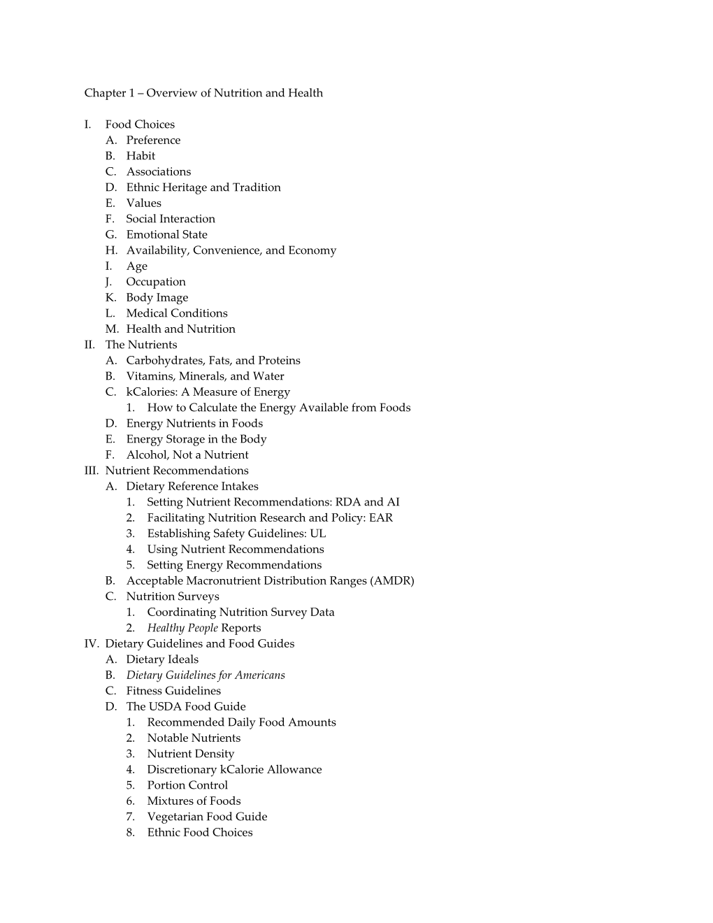 Chapter 1 Overview of Nutrition and Health