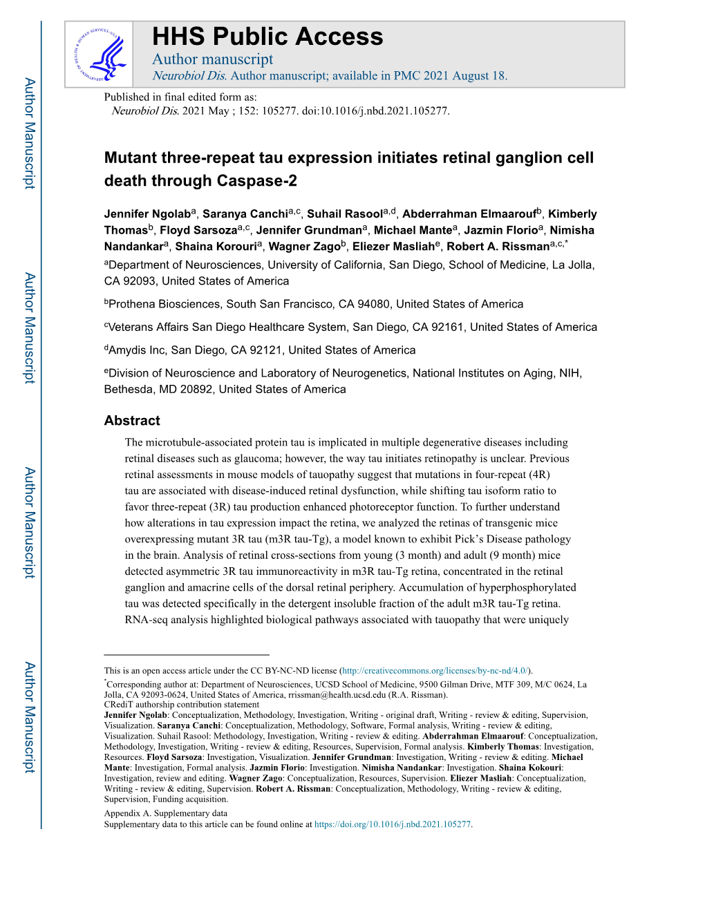Mutant Three-Repeat Tau Expression Initiates Retinal Ganglion Cell Death Through Caspase-2