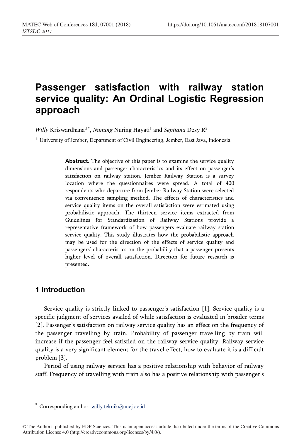 Passenger Satisfaction with Railway Station Service Quality: an Ordinal Logistic Regression Approach