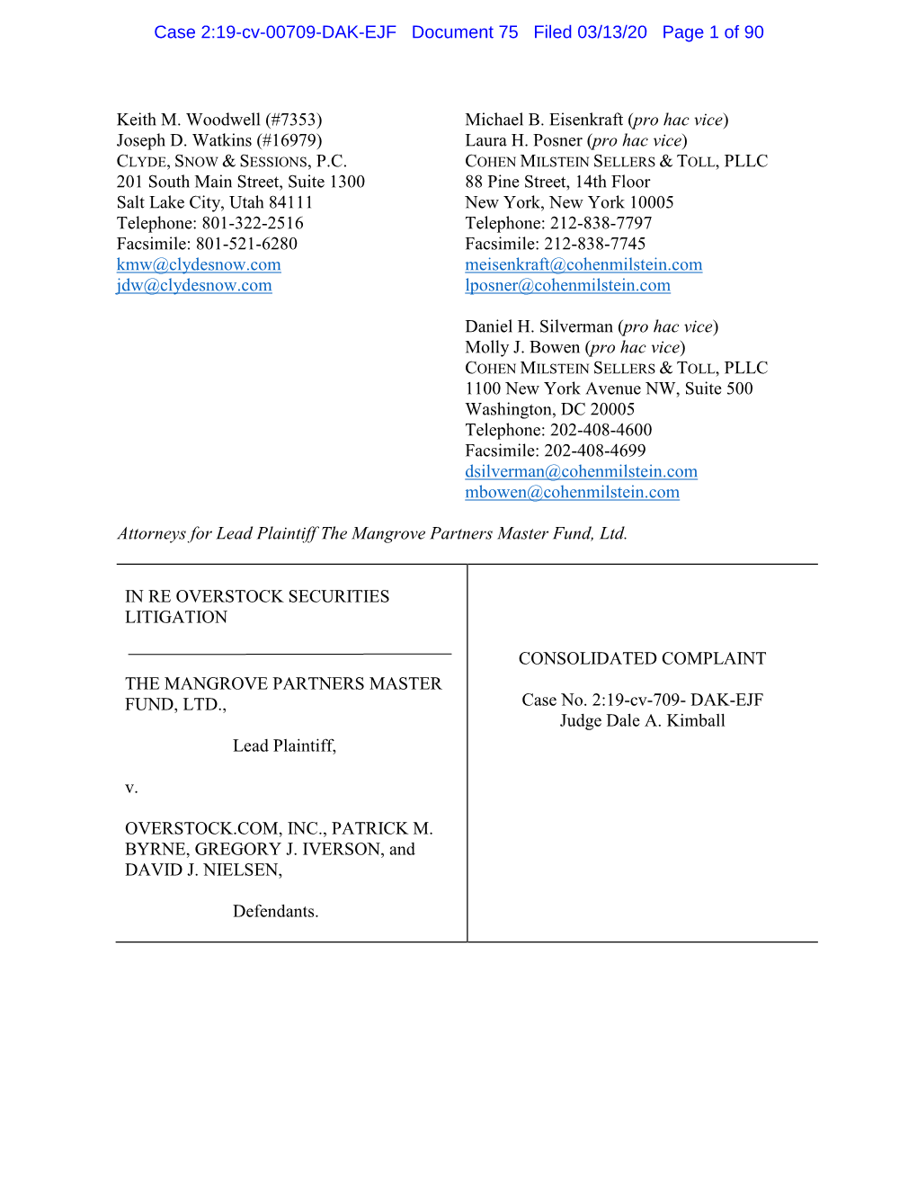 CONSOLIDATED COMPLAINT the MANGROVE PARTNERS MASTER FUND, LTD., Case No