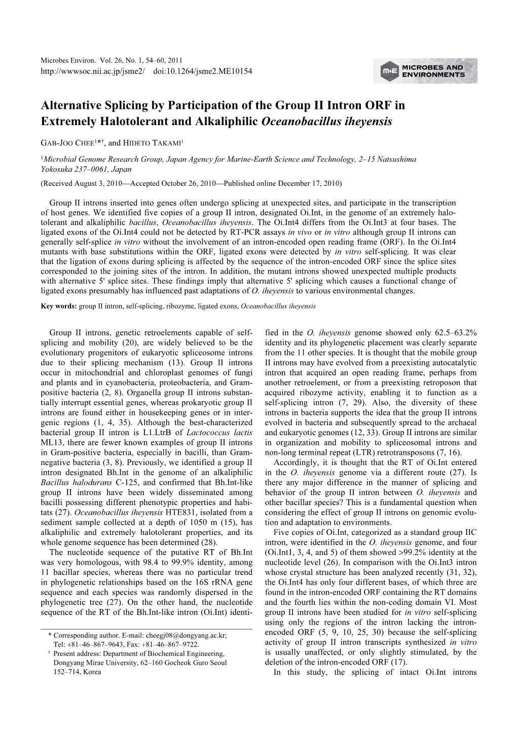 Alternative Splicing by Participation of the Group II Intron ORF in Extremely Halotolerant and Alkaliphilic Oceanobacillus Iheyensis