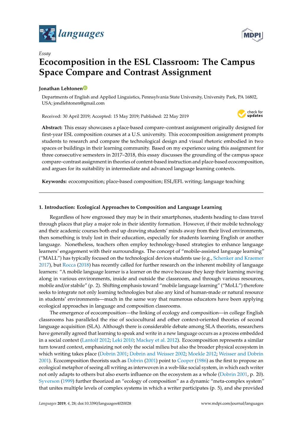 Ecocomposition in the ESL Classroom: the Campus Space Compare and Contrast Assignment