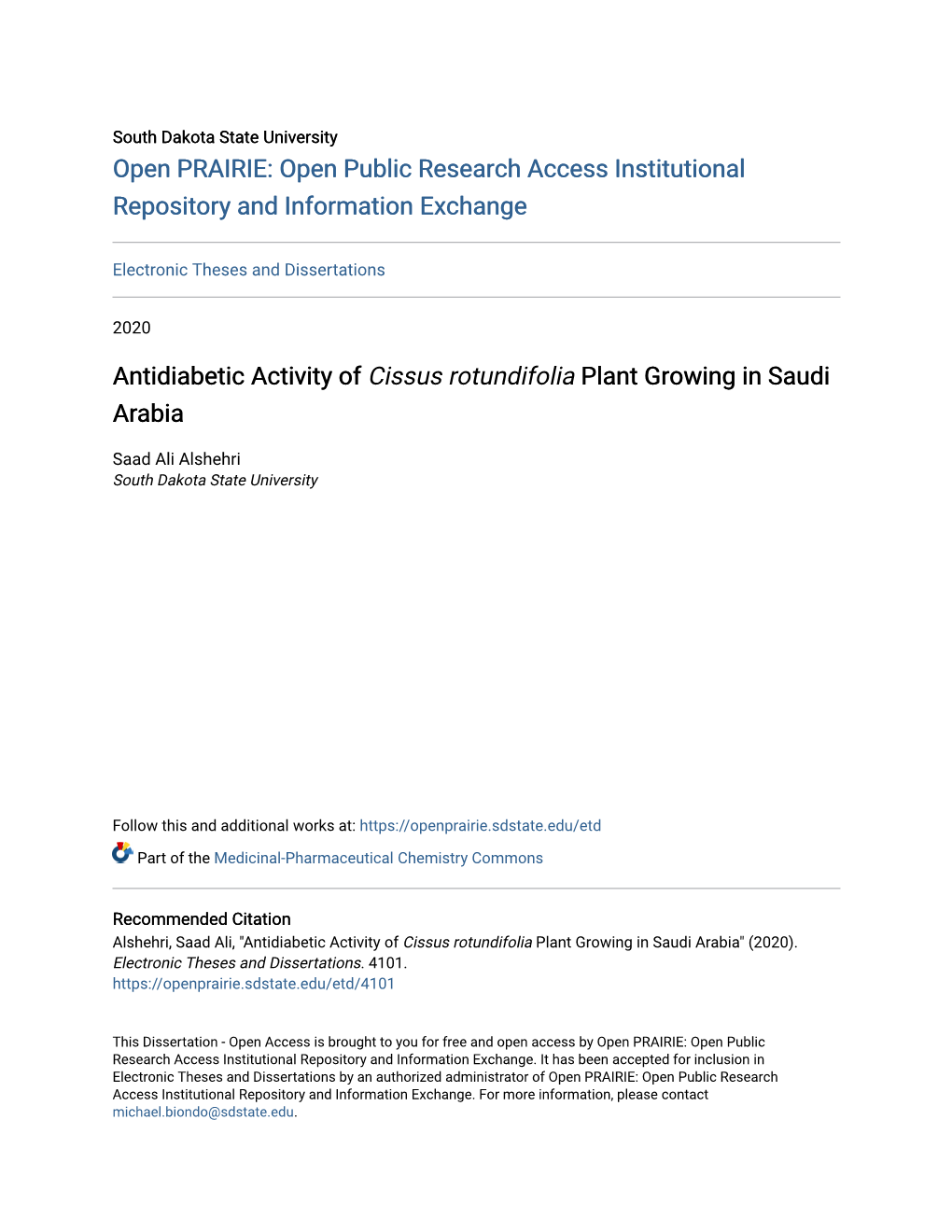 Antidiabetic Activity of Cissus Rotundifolia Plant Growing in Saudi Arabia