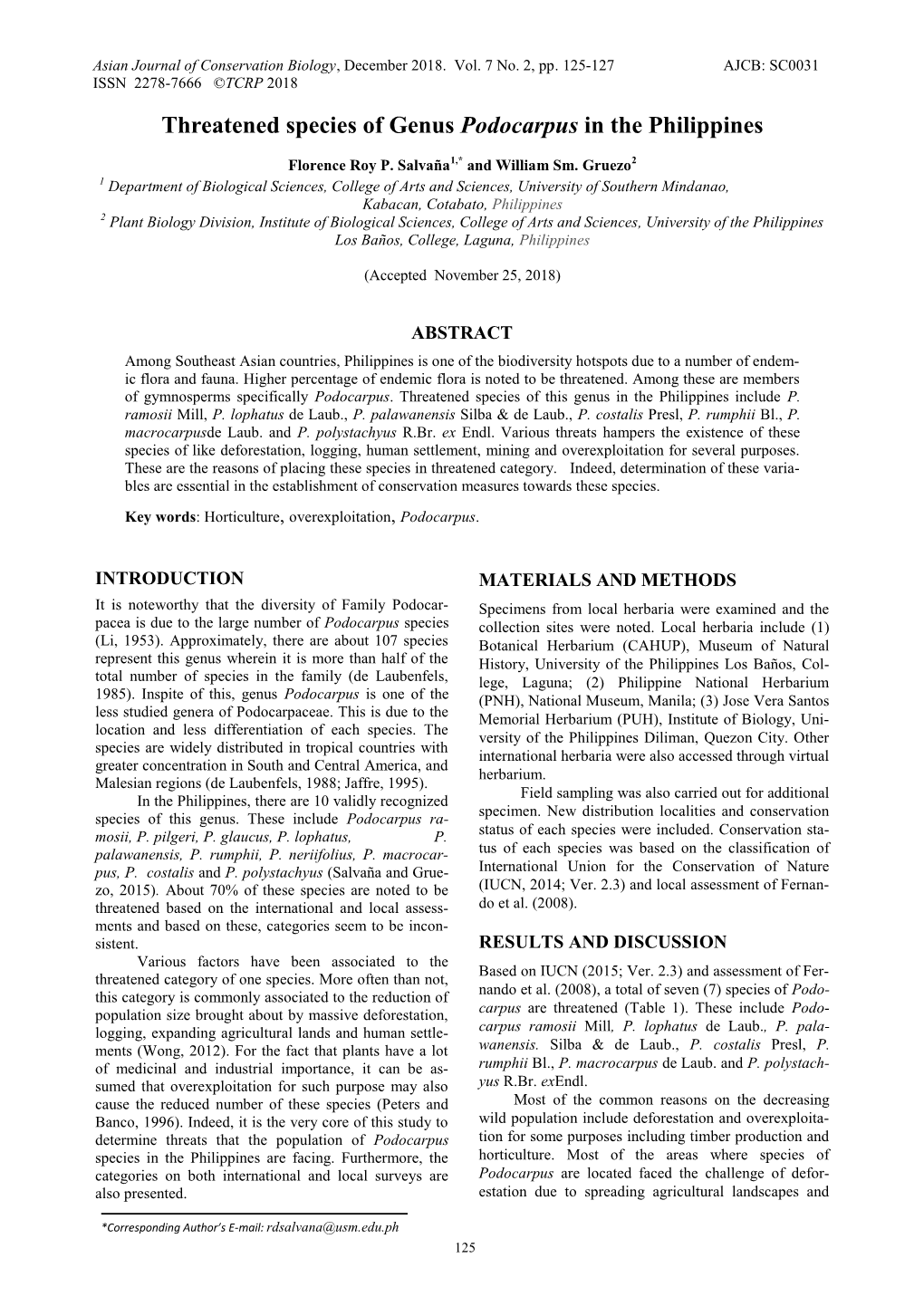 Threatened Species of Genus Podocarpus in the Philippines