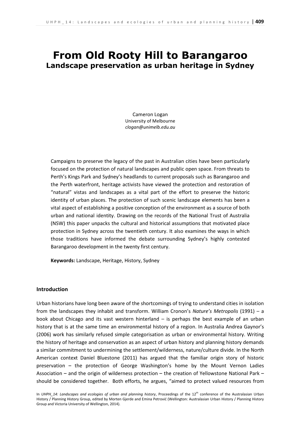 From Old Rooty Hill to Barangaroo Landscape Preservation As Urban Heritage in Sydney