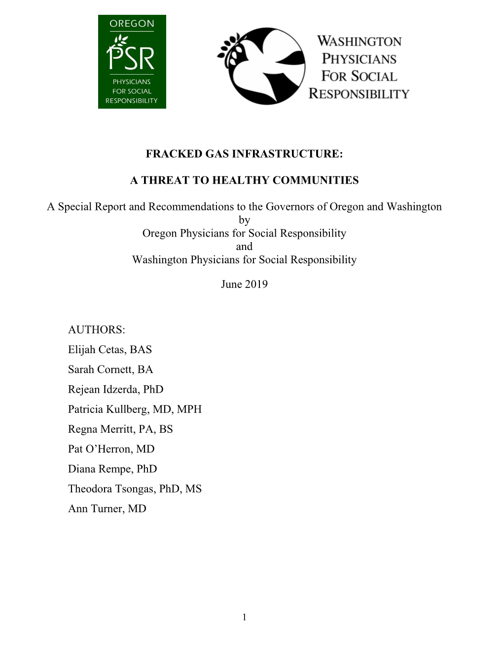 FRACKED GAS INFRASTRUCTURE: a THREAT to HEALTHY COMMUNITIES a Special Report and Recommendations to the Governors of Oregon