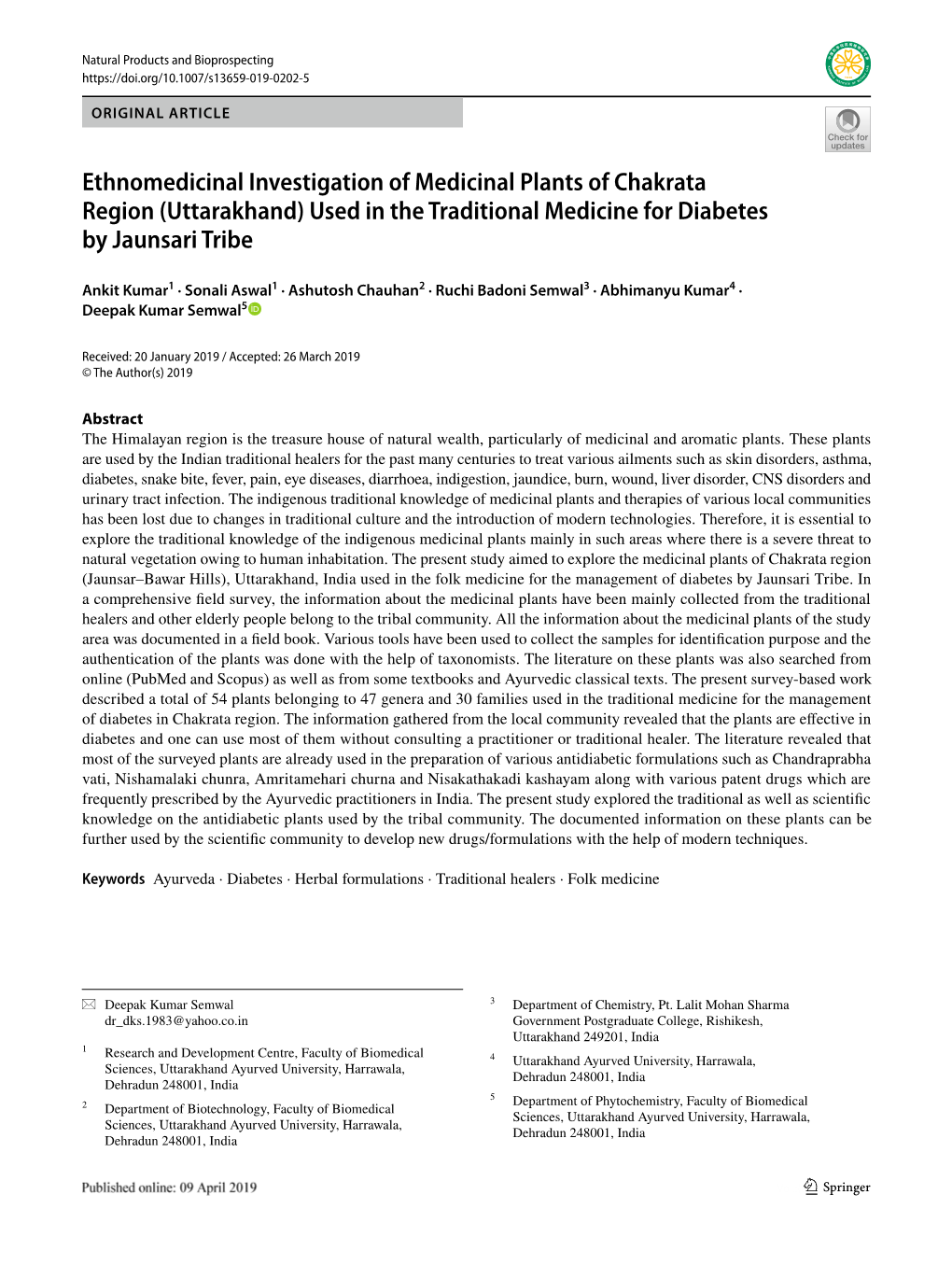 Ethnomedicinal Investigation of Medicinal Plants of Chakrata Region (Uttarakhand) Used in the Traditional Medicine for Diabetes by Jaunsari Tribe