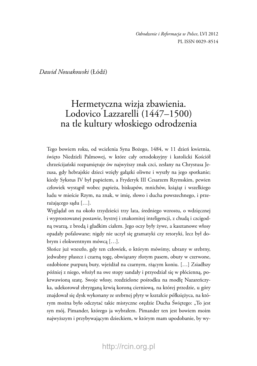 Hermetyczna Wizja Zbawienia. Lodovico Lazzarelli (1447–1500) Na Tle Kultury Włoskiego Odrodzenia