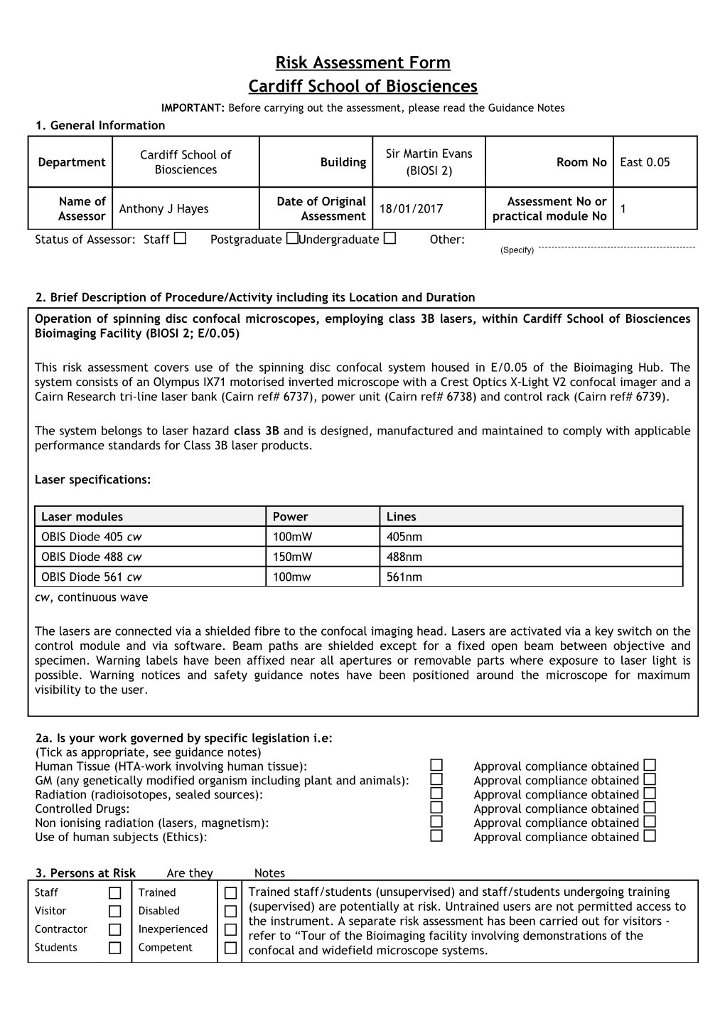 Risk Assessment Form for Chemistry