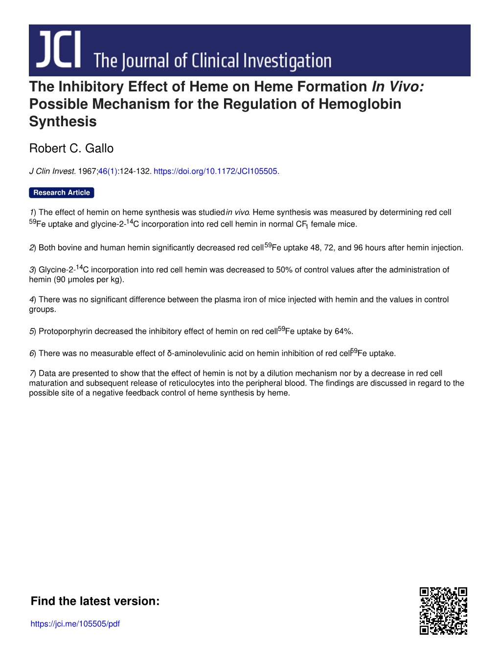 The Inhibitory Effect of Heme on Heme Formation in Vivo: Possible Mechanism for the Regulation of Hemoglobin Synthesis