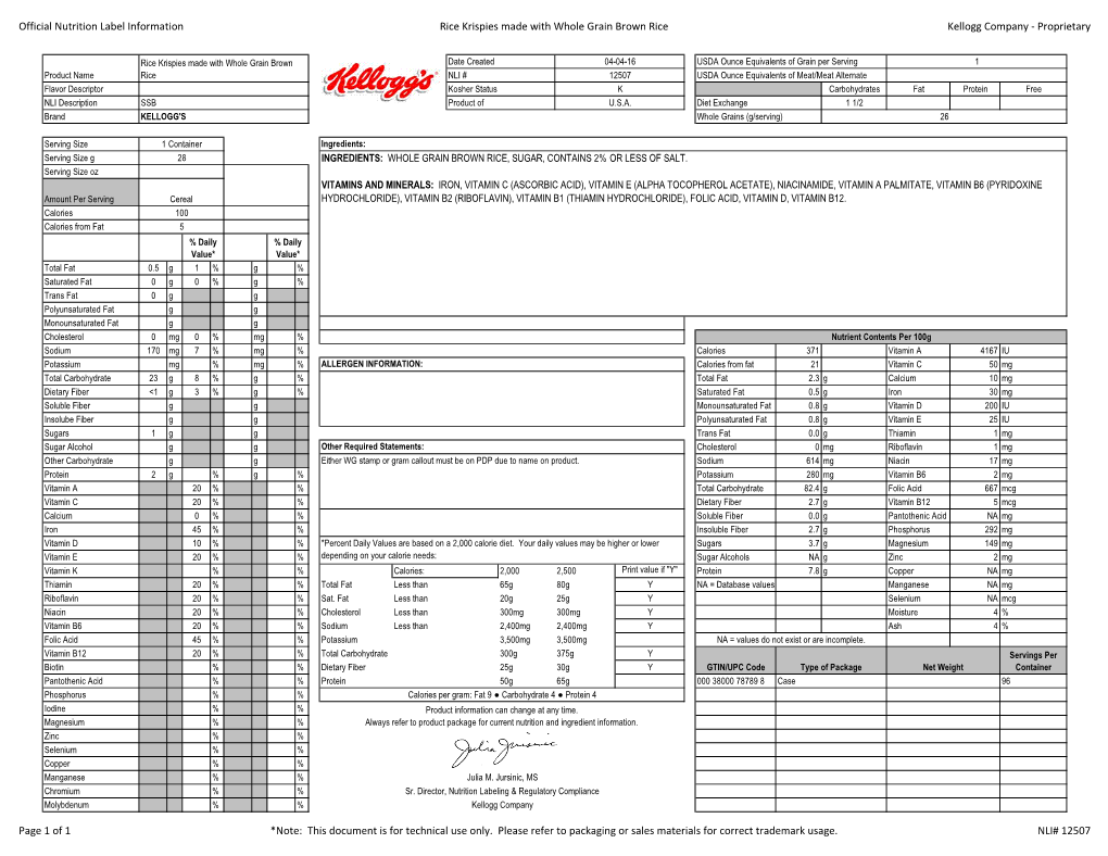 Official Nutrition Label Information Rice Krispies Made with Whole Grain Brown Rice Kellogg Company - Proprietary