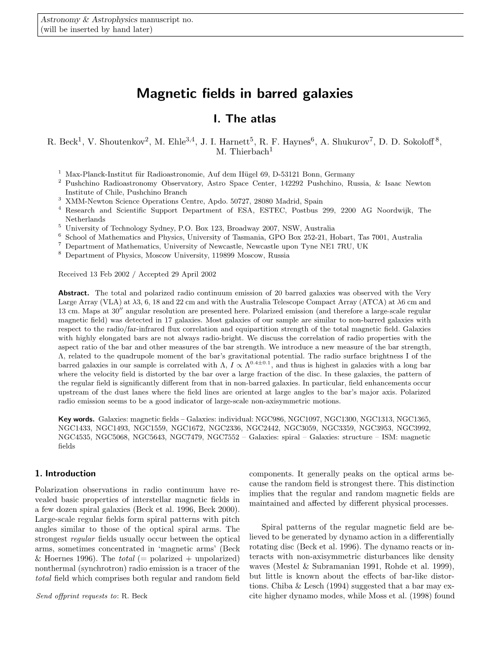 Magnetic Fields in Barred Galaxies. I. the Atlas