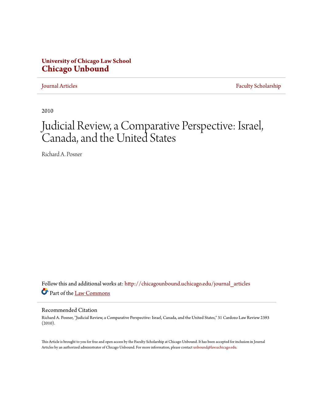 Judicial Review, a Comparative Perspective: Israel, Canada, and the United States Richard A