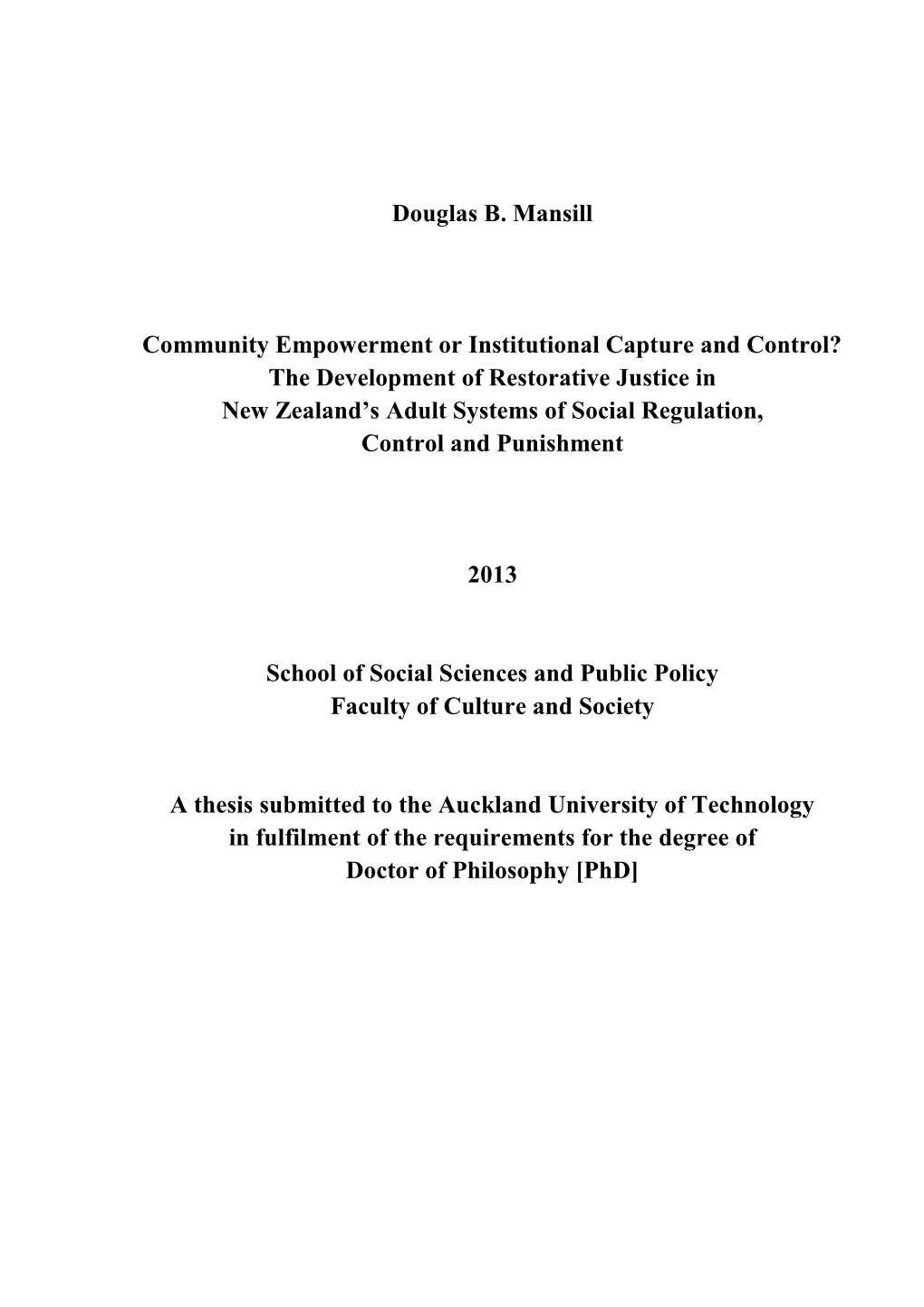 Douglas B. Mansill Community Empowerment Or Institutional
