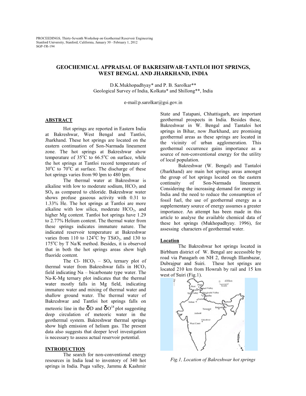 Geochemical Appraisal of Bakreshwar-Tantloi Hot Springs of West Bengal
