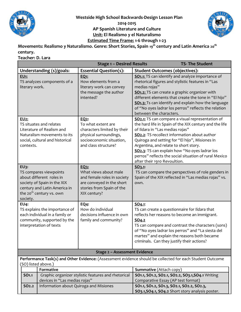 Westside High School Backwards-Design Lesson Plan