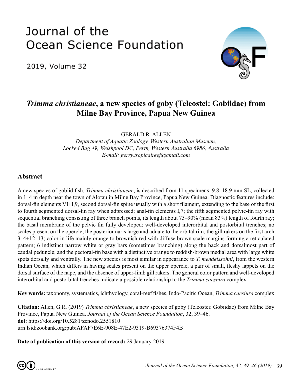 (Teleostei: Gobiidae) from Milne Bay Province, Papua New Guinea. Journal of the Ocean Science Foundation, 32, 39–46