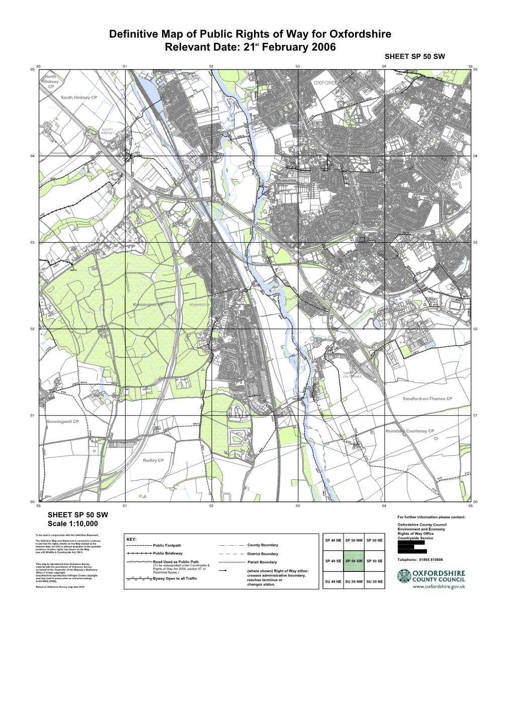 Definitive Map of Public Rights of Way for Oxfordshire Relevant Date: 21St February 2006 Colour SHEET SP 50 SW