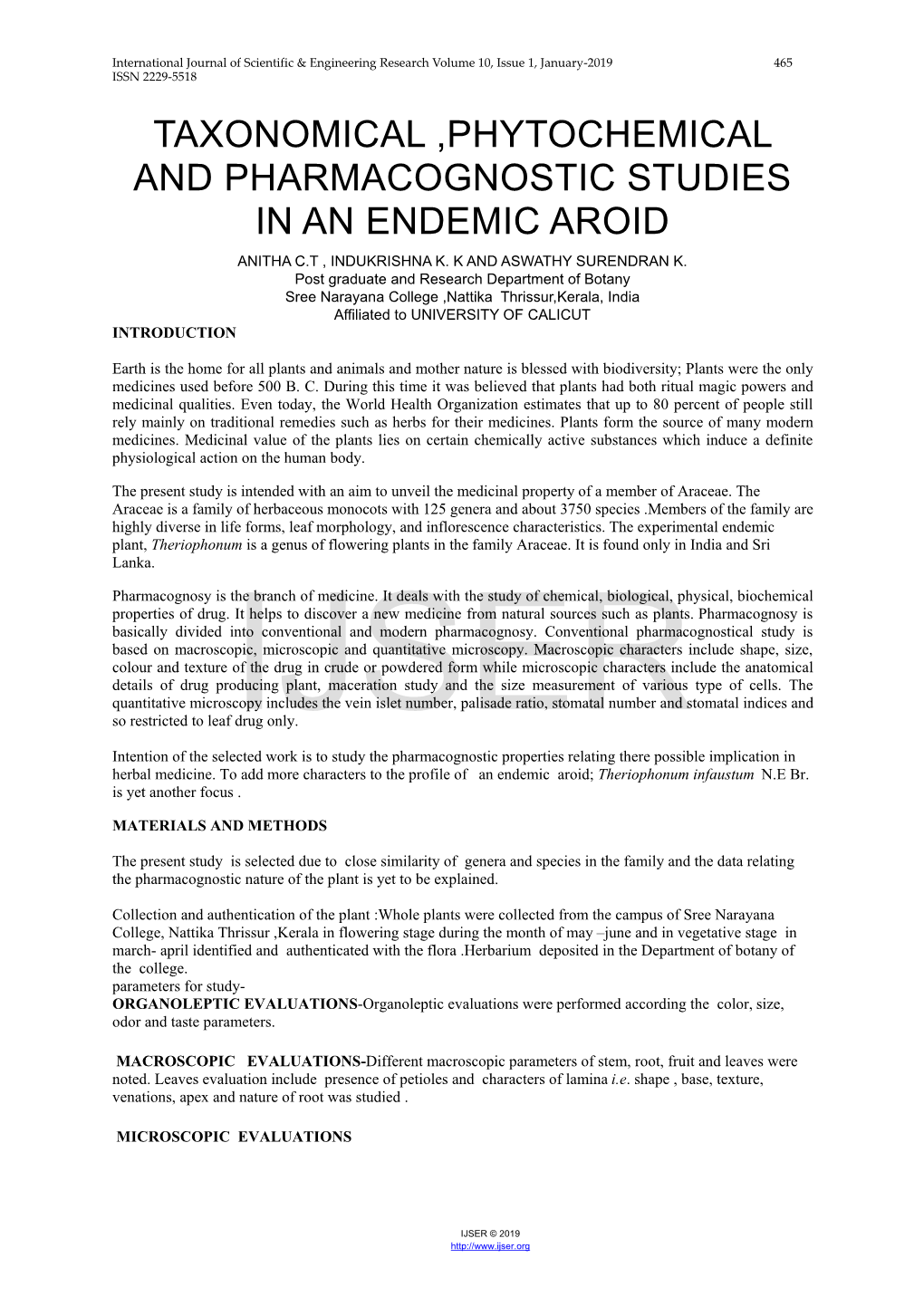 Taxonomical ,Phytochemical and Pharmacognostic Studies in an Endemic Aroid Anitha C.T , Indukrishna K