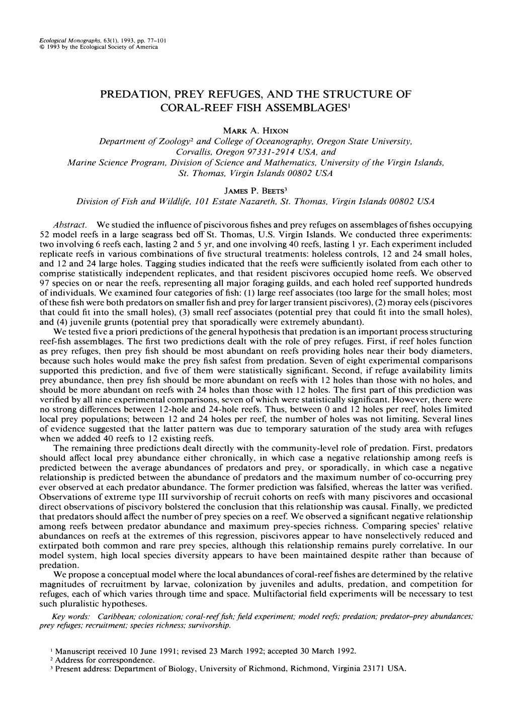 Predation, Prey Refuges, and the Structure of Coral-Reef Fish Assemblages'