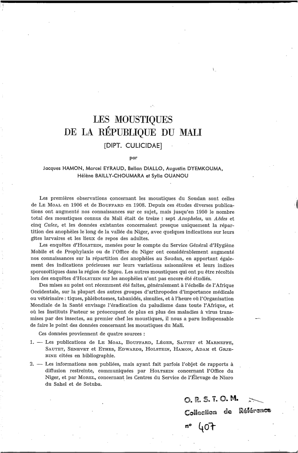 Les Moustiques De La République Du Mali (Dipt. Culicidae)