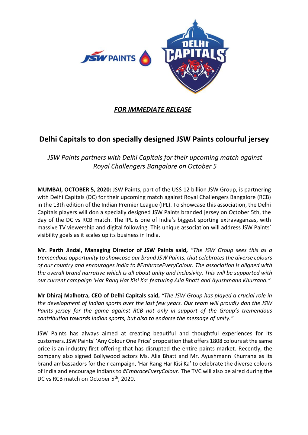 Delhi Capitals to Don Specially Designed JSW Paints Colourful Jersey